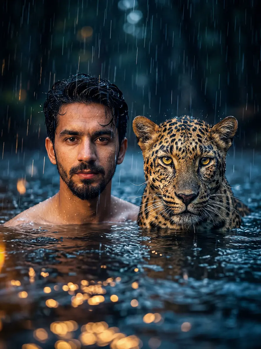 Cinematic portrait of a man with wet black hair and intense gaze standing chest-deep in water beside an adult leopard, both facing camera in heavy rain with visible raindrops, dark bokeh background, and warm golden water reflections.
