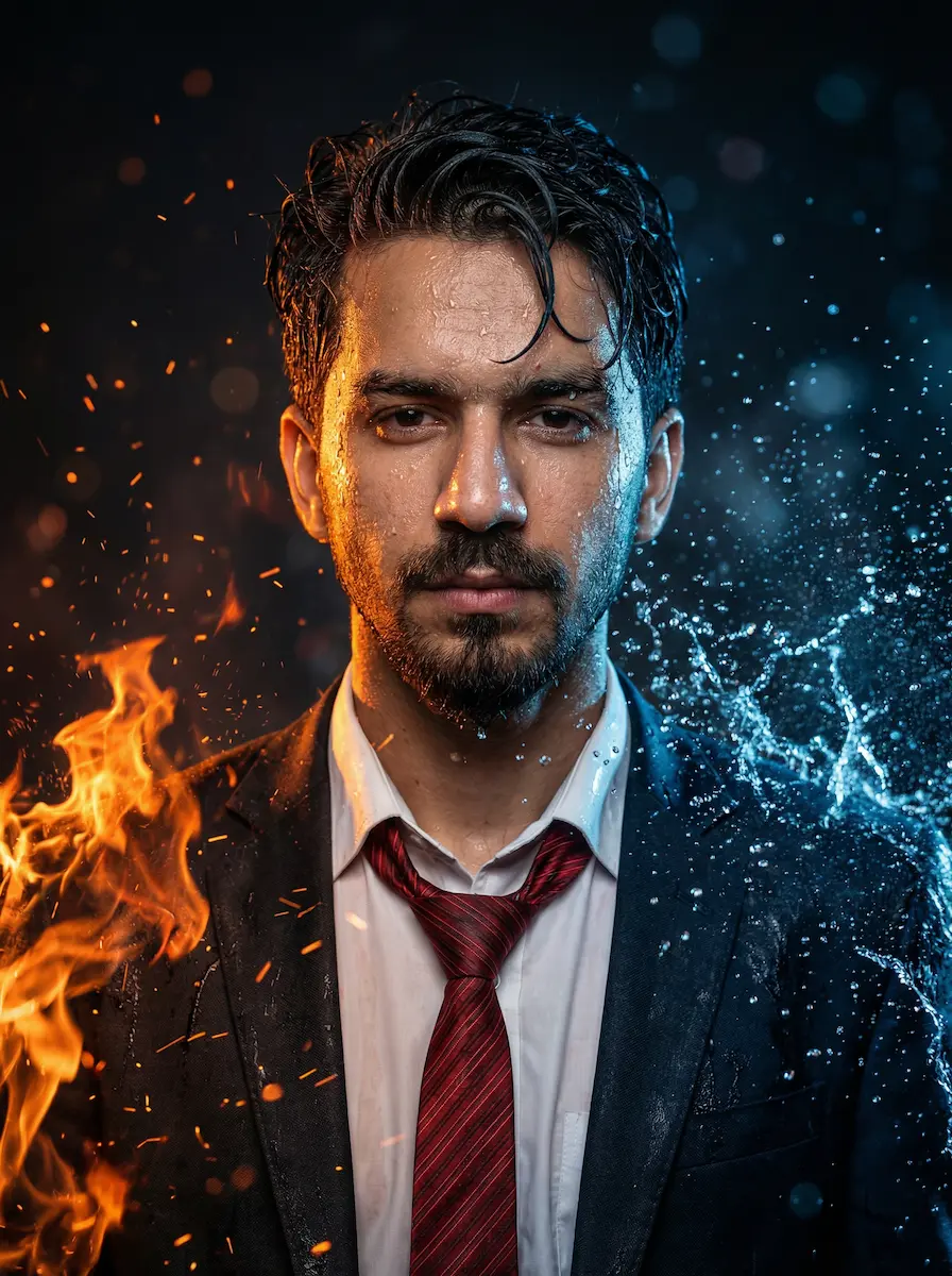 Cinematic portrait of a man in a wet suit and tie, split between blazing orange fire on the left and dynamic blue water splashes on the right, dark atmospheric background.