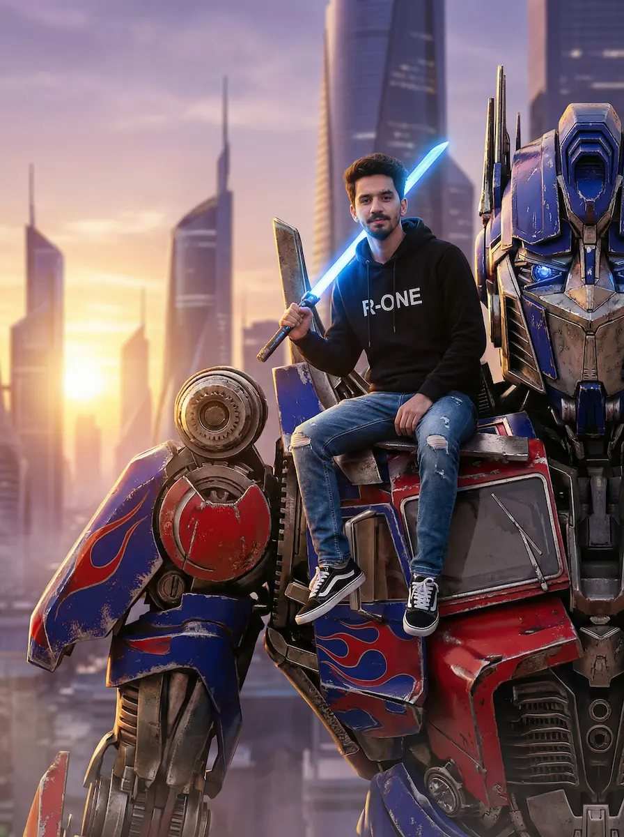 Man Sitting on a Giant Mecha Robot — Epic Futuristic Cinematic Portrait